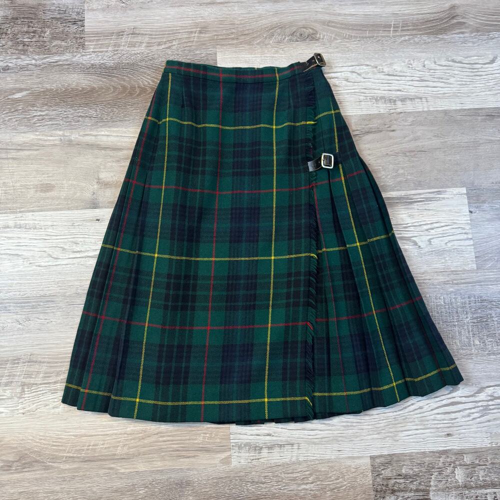 Vintage ASJ Collection Green Plaid Scotland Wool Pleated Midi Skirt Academiae